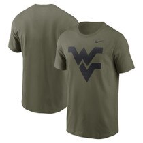 Medium olive Nike WVU short sleeve tee with large Flying WV Logo full front screen print